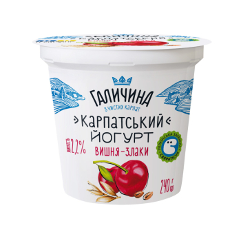 Купить Йогурт 240 г Галичина Вишня - Злаки 2,2% п/стакан в АТБ Market