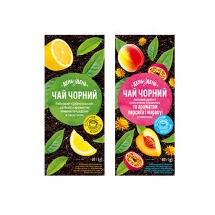 Чай (40 ф/п х 1,5 г) День у День чорний з Лимоном /чорний зі смаком персика та маракуя к/уп