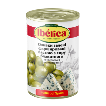 Купить Оливки зелені 280 г Iberica фаршировані пастою з сиру блакитного з/б в АТБ Market