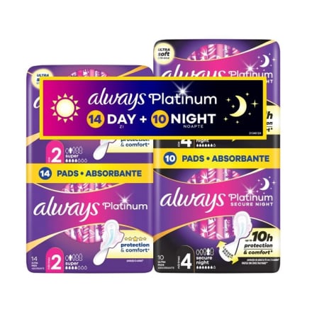 Купить Прокладки гігієнічні 14шт Always Platinum Day Super м/уп + 10шт Always Platinum Night м/уп в АТБ Market