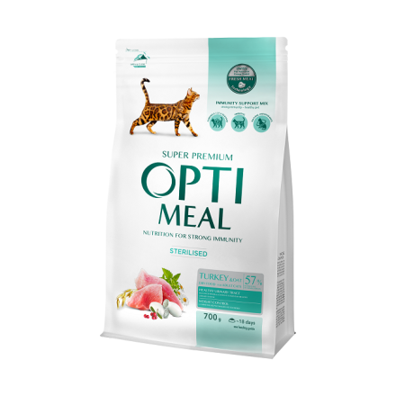 Повноpацiонний cухий коpм для cтepилiзованих котiв Optimeal 0,7 кг.