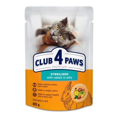 Корм 80 г CLUB 4 PAWS Преміум Повнорац-й консер-й корм для дор-х стерил-х котів з крол-м в желе м/уп