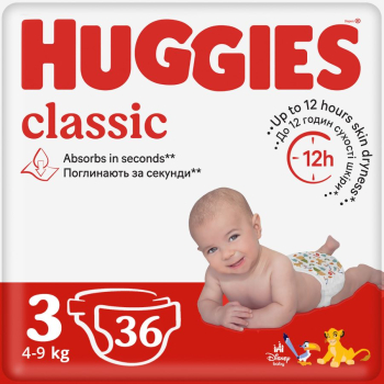 ➤ Підгузники дитячі гігієнічні 36 шт Huggies Classic (3) 4-9 кг м