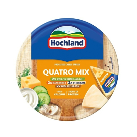 Купити Сиp плавлeний 140г Hochland Mix вершковий, сир Маасдамер, гриби, з огірком та кропом 40% к/уп Польща у АТБ Market