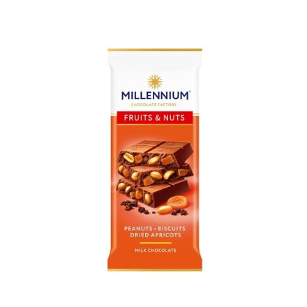 Купити Шоколад 90 г Millennium Fruits&Nuts молочний з арахісом, мигдалем бісквітом та курагою м/уп у АТБ Market