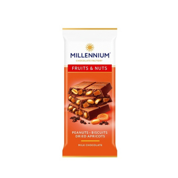 Купити Шоколад 90 г Millennium Fruits&Nuts молочний з арахісом, мигдалем бісквітом та курагою м/уп у АТБ Market