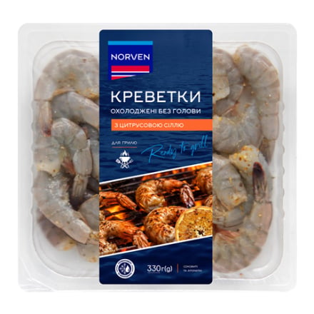Купить Креветки 330 г Norven охолоджені без голови з цитрусовою сіллю п/конт в АТБ Market