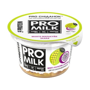 Купити Сир кисломолочний зернистий 180 г PRO MILK Pro Сніданок Манго-маракуйя-злаки 6,2 % п/стакан у АТБ Market