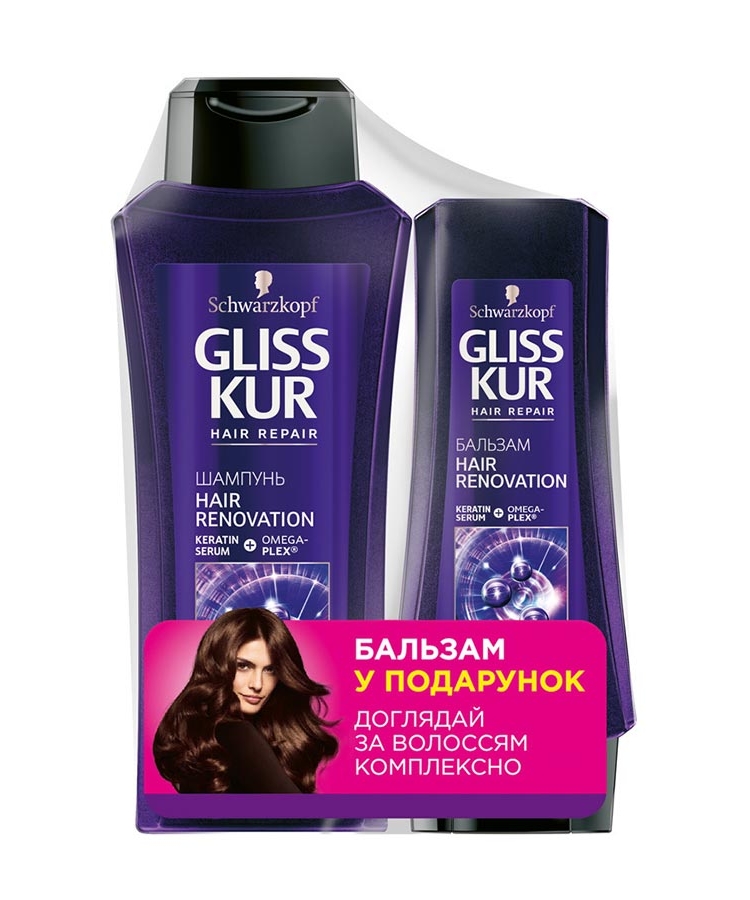 Шампунь 400 мл Gliss Kur + Бальзам 200 мл Gliss Kur Hair Renovation ...
