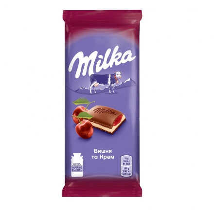 Шоколад 90 г Milka молочний з молочною та вишневою начинкою