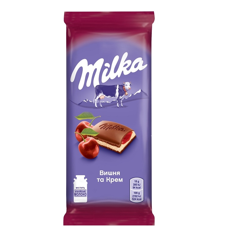 Шоколад 90 г Milka молочний з молочною та вишневою начинкою