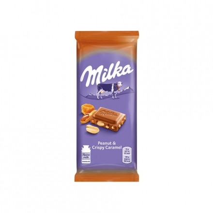 Шоколад 90г Milka молочний з арахісом, шматочками хрумкої карамелі, рисовими кульками