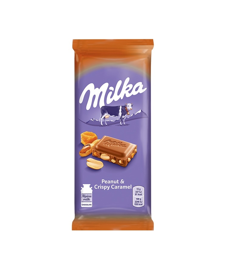 Шоколад 90г Milka молочний з арахісом, шматочками хрумкої карамелі, рисовими кульками