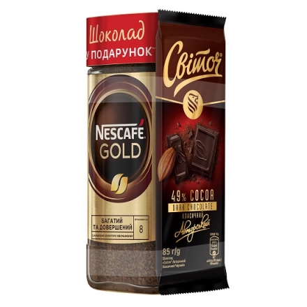 Кaвa 190 г Nescafe Gold poзчиннa сублімoвaнa  + Шоколад 85 г Світоч Авторський Класичний 