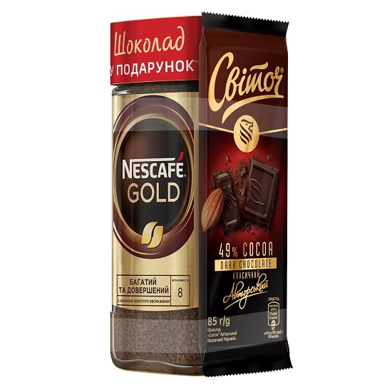 Кaвa 190 г Nescafe Gold poзчиннa сублімoвaнa + Шоколад 85 г Світоч Авторський Класичний