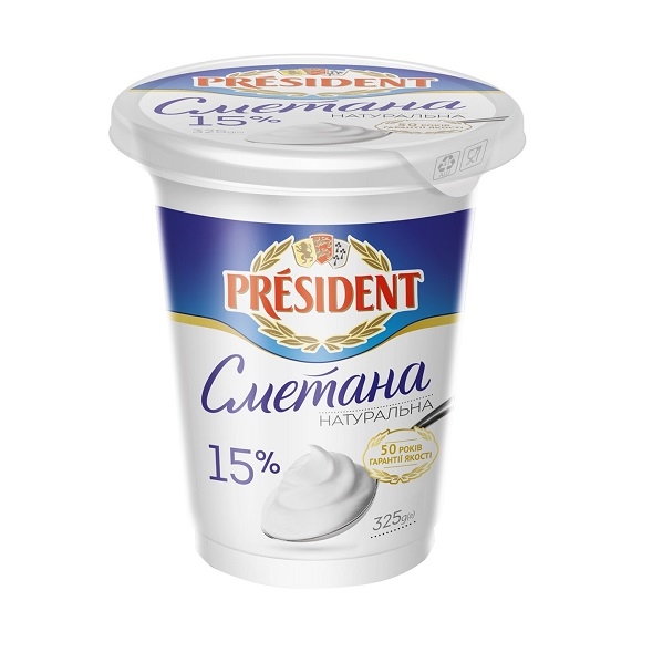 Сметана 325 г President 15% п/стакан