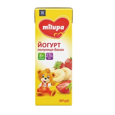 Йогурт 207 г Milupa полуниця-банан 2,5% п/пак