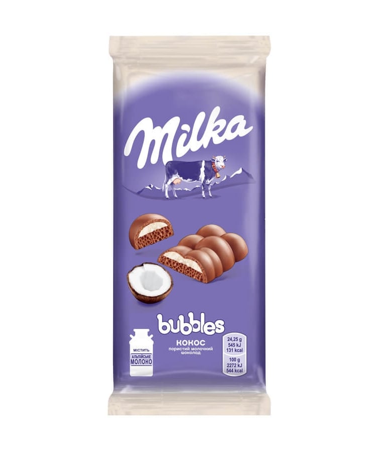 Шоколад 97г Milka Баблз молочний пористий зі смаком кокоса