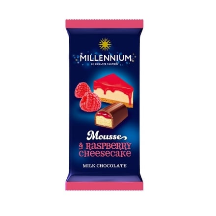 Шоколад 95 г Millennium Mousse молочний з мусовою та малиновою начинкою м/уп