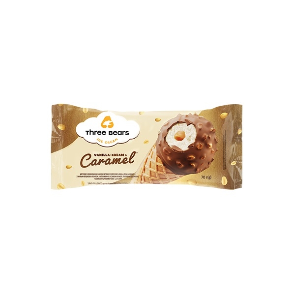 Морозиво 70 г Три Ведмеді Vanilla-Creаm&Caramel глазур ваф/ріжок м/уп