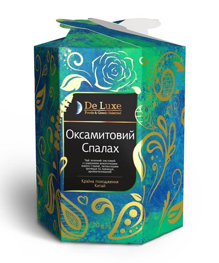 Чай 70г De Luxe F&G Selected "Оксамитовий спалах" зелен. зі шмат. манго і папаї аром.