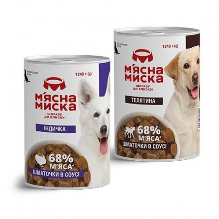Корм 1,24 кг М'ясна миска шматочки в соусі (з індичкою, з телятиною) для дорослих собак з/б