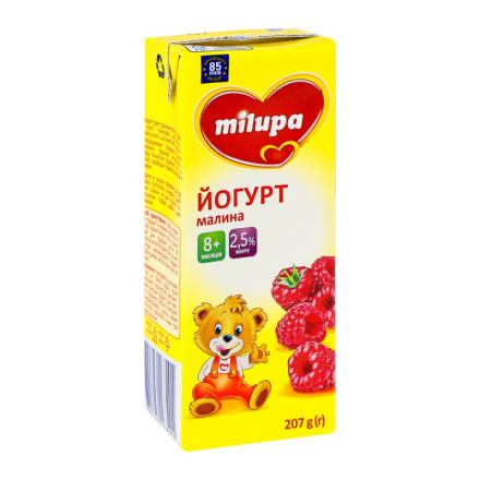 Йогурт 207 г Milupa малина з біфідобактеріями 2,5% п/пак