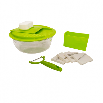 Купити Овочерізка з піддоном, комплект 9 предметів (5 насадок, бокс для насадок, контейнер з кришкою, тримач, овочечистка) у АТБ Market