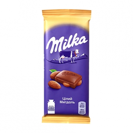 Шоколад 90г Мilka молочний з цілим мигдалем