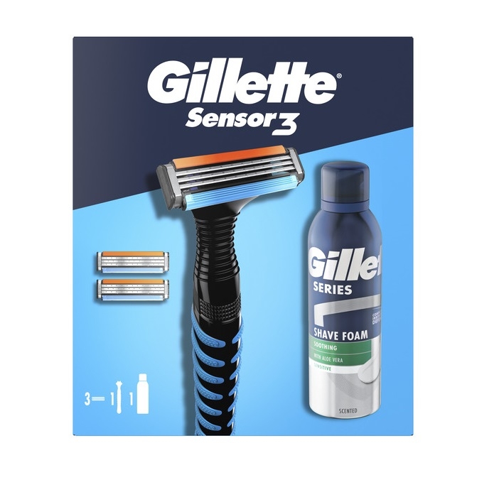 Подарунковий набір 1шт Gillette (станок Sensor з 3 картриджами, піна ...