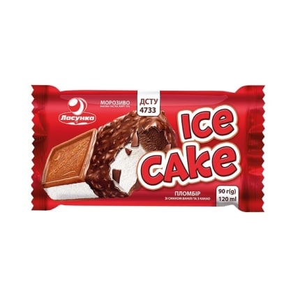 Морозиво 90г Ласунка пломбір Ice-Cake зі см.ванілі та з какао у печиві та конд.глаз. з арах.