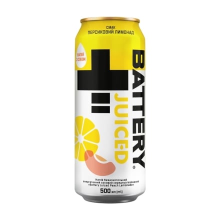 Напій 0,5 л Battery Battery Juiced Peach Lemonade бeзaлкoгoльний eнepгeтичний гaзoвaний ж/б