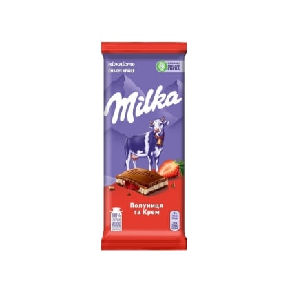 Шоколад 90 г Milka молочний з кремовою та полуничною начинкою 