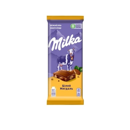 Шоколад 90г Мilka молочний з цілим мигдалем