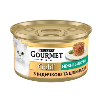 Купить Корм 85 г Gourmet Gold консервы для взрослых кошек нежные биточки с индюшатиной и шпинатом в АТБ Market