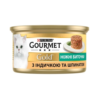 Купить Корм 85 г Gourmet Gold консервы для взрослых кошек нежные биточки с индюшатиной и шпинатом в АТБ Market