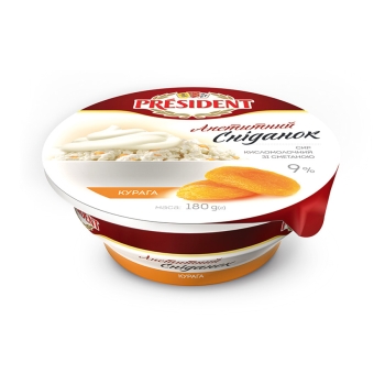 Купити Сир кисломолочний 180 г President зі сметаною та наповнювачем курага 9% п/стакан у АТБ Market
