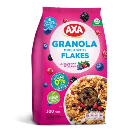 Гранола 300 г АХА з мультизерновими пластівцями з мінералами та лісовими ягодами (без цукру) м/уп