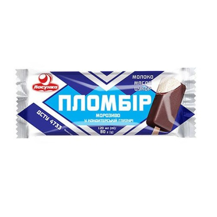 Морозиво 80 г Ласунка пломбір ескімо в конд. глазурі п/ет
