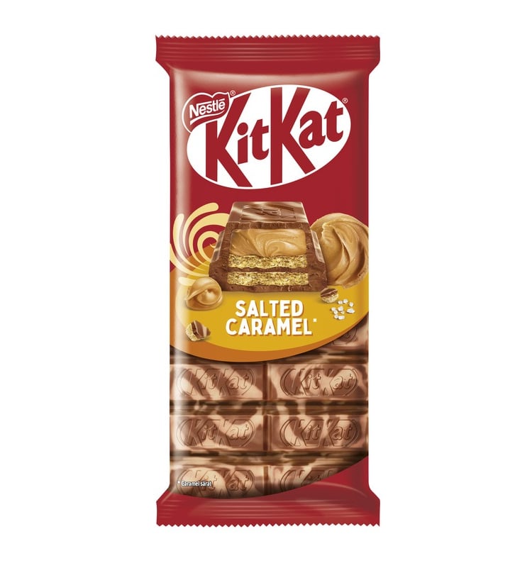 ➤ Шоколад 99 г Kitkat молочний зі смаком карам. та біла глазур, з